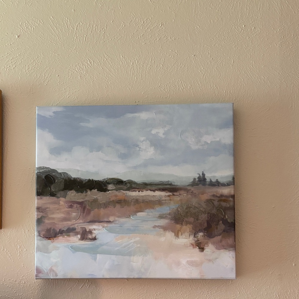 Landscape of river, field, and hills Painting Art